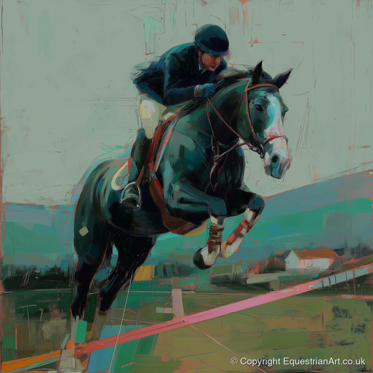 Midnight Flight - show jumping horse art print and canvas by Quentin Hart A.I