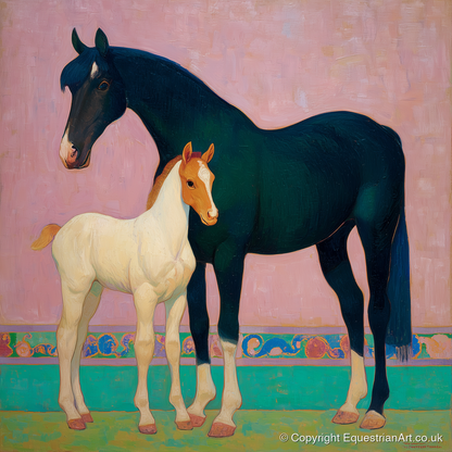 Midnight Mare and Foal - mare & foal art print and canvas by Aldous Trent A.I