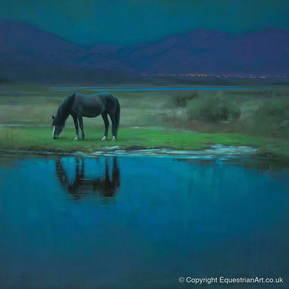 Midnight Reflection - horse landscape art print and canvas by Raymond Shaw A.I