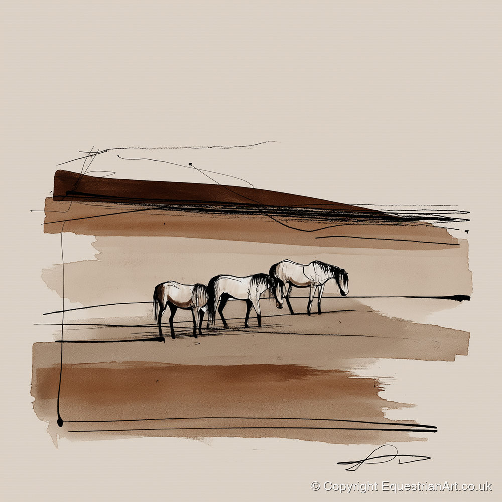 Minimalist Sepia Herd - wild horses art print and canvas by Julian Vance A.I