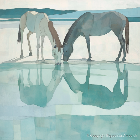 Mirrored Serenity - wild horses art print and canvas by Flora Whitby A.I