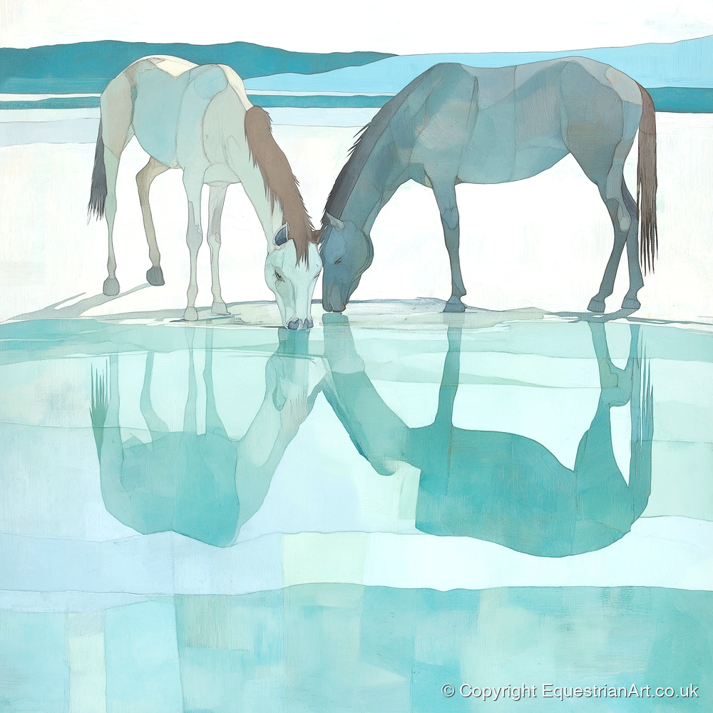 Mirrored Serenity - wild horses art print and canvas by Flora Whitby A.I