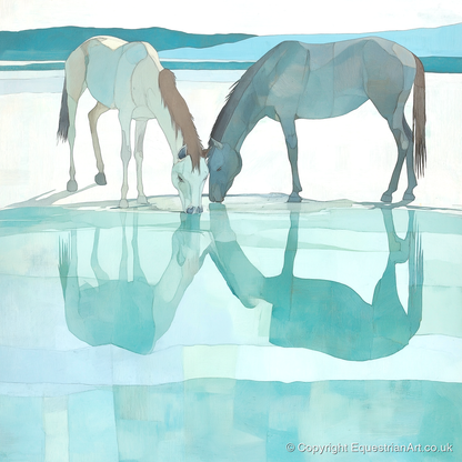 Mirrored Serenity - wild horses art print and canvas by Flora Whitby A.I