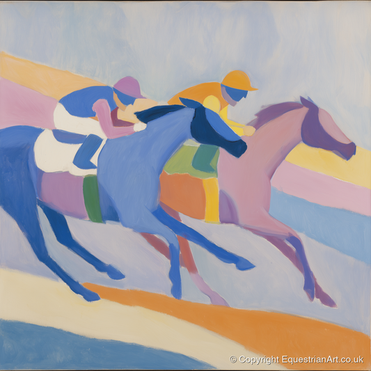 Modern Pastel Gallop - racing horse art print and canvas by Iris Pelham A.I
