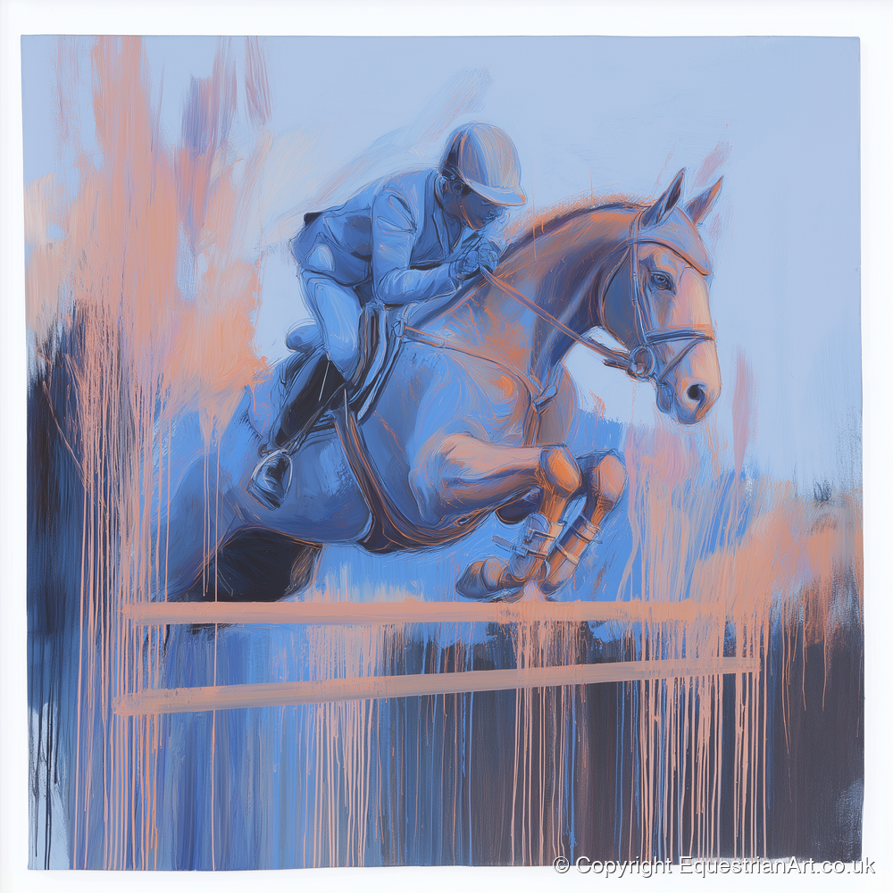 Momentum in Blue and Peach - show jumping horse art print and canvas by Charles Ashford A.I