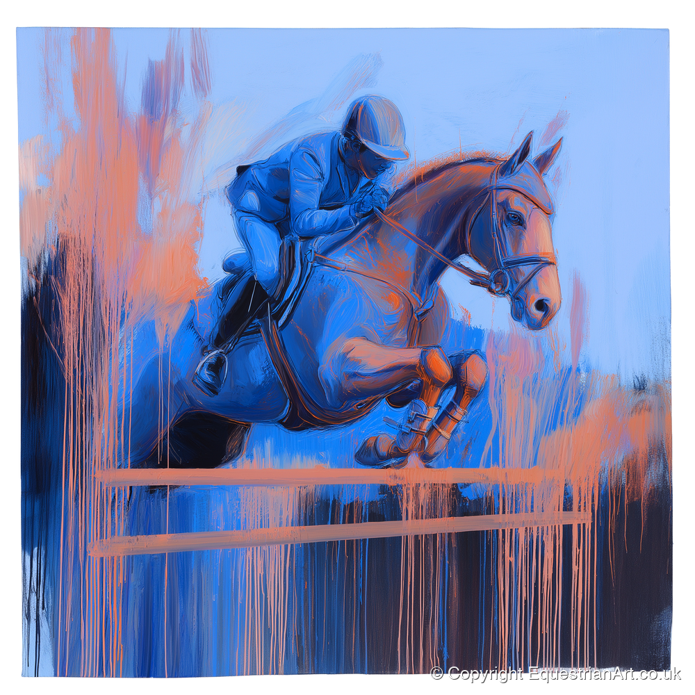 Momentum in Blue and Peach - show jumping horse art print and canvas by Charles Ashford A.I
