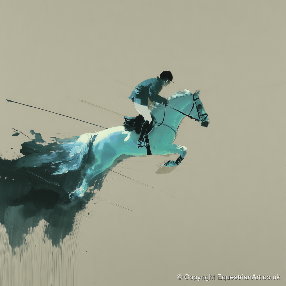 Momentum in Teal - show jumping horse art print and canvas by Callum Ross A.I