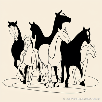 Monochrome Herd Silhouettes - wild horses art print and canvas by Felix Chambers A.I