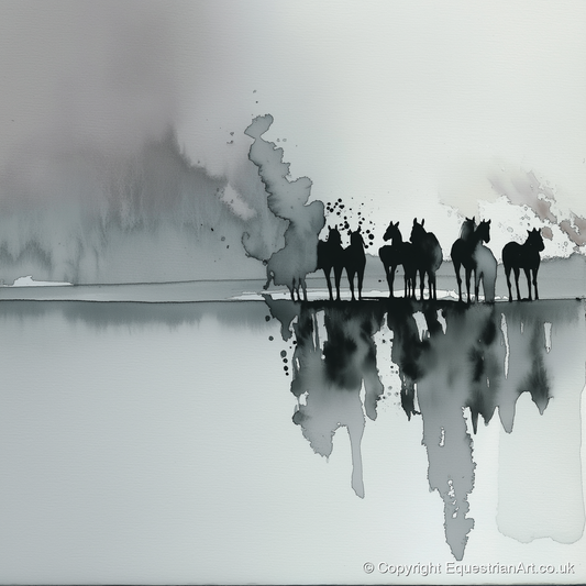 Monochrome Mist Herd - wild horses art print and canvas by Adrian Frost A.I