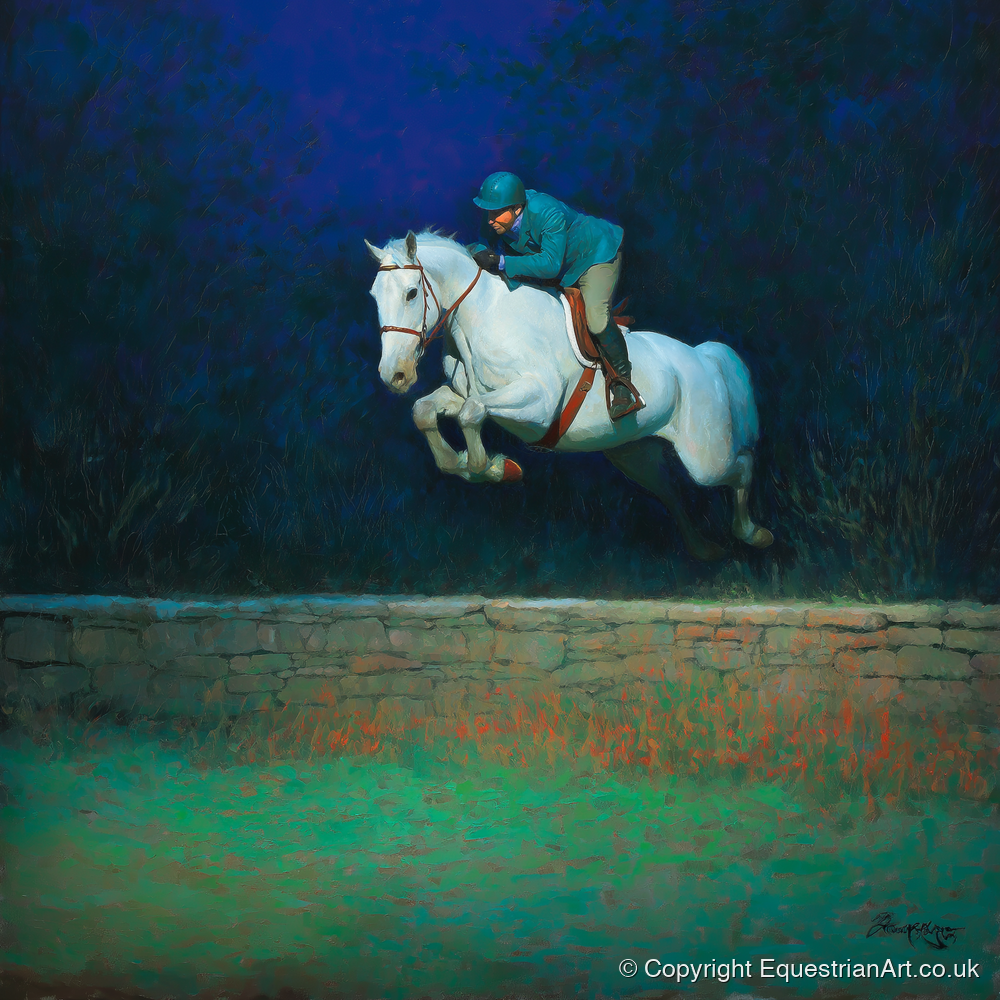Moonlit Flight - show jumping horse art print and canvas by Raymond Shaw A.I