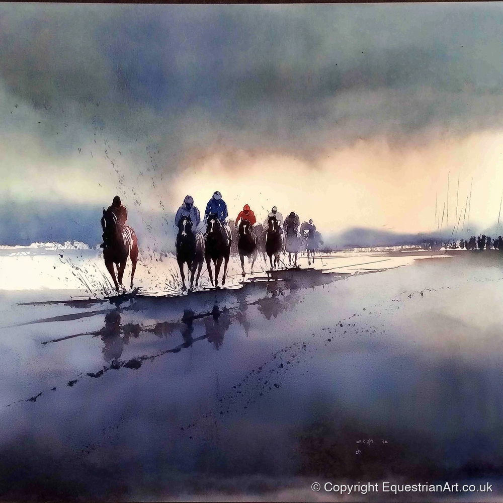 Morning Beach Gallops - racing horse art print and canvas by Eleanor Brooks A.I