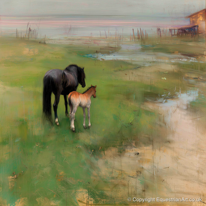 Morning on the Marsh - mare & foal art print and canvas by Nathaniel Reed A.I