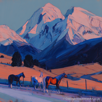 Mountain Alpenglow Pastures - horse landscape art print and canvas by Evander Winslow A.I