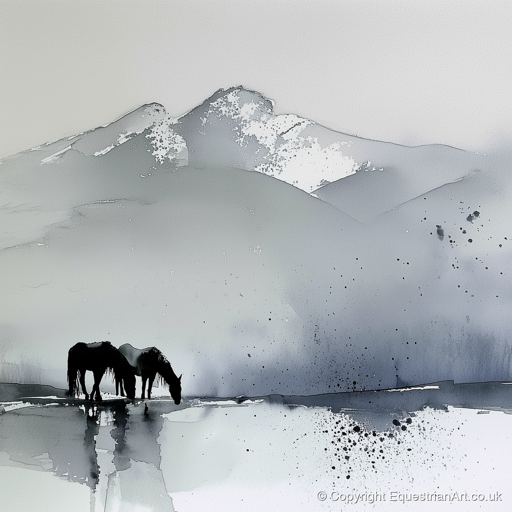 Mountain Mist Reflections - horse landscape art print and canvas by Adrian Frost A.I