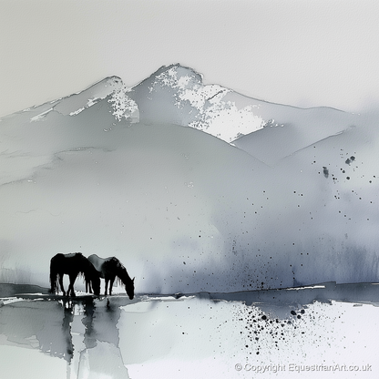 Mountain Mist Reflections - horse landscape art print and canvas by Adrian Frost A.I