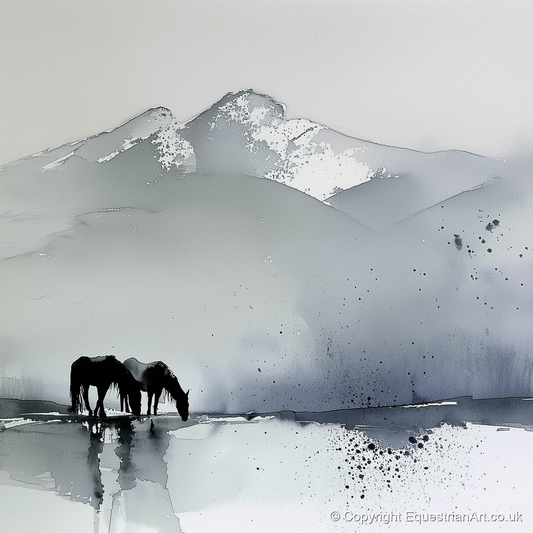 Mountain Mist Reflections - horse landscape art print and canvas by Adrian Frost A.I