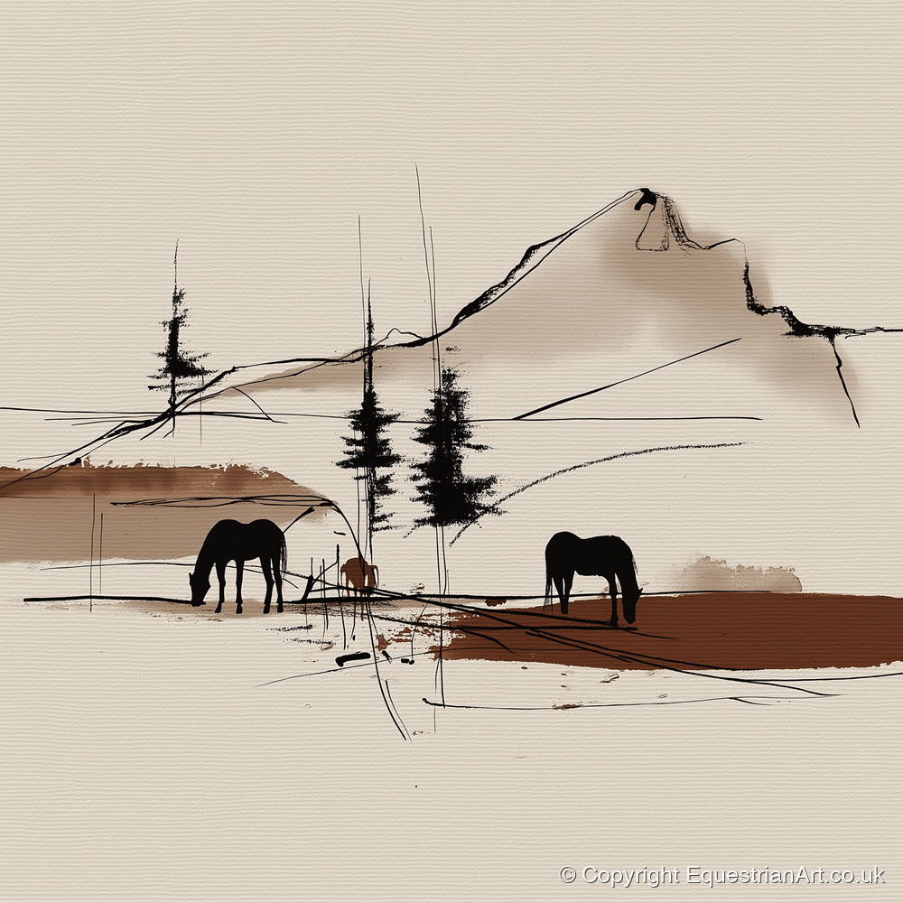 Mountain Pasture Silhouettes - horse landscape art print and canvas by Julian Vance A.I