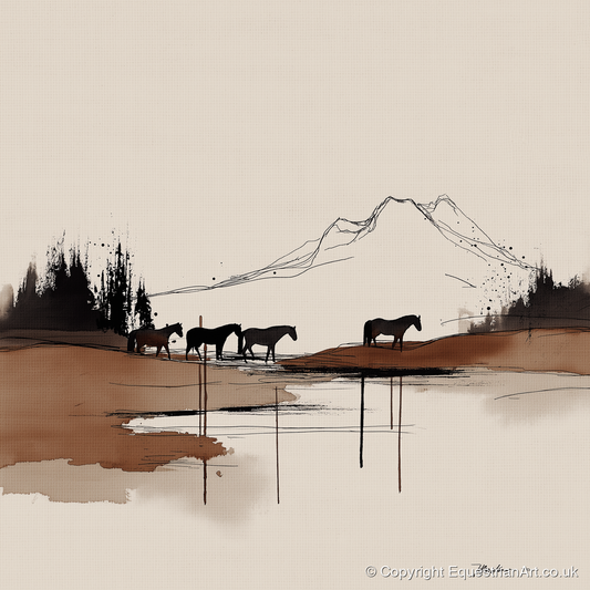 Mountain Pasture Silhouettes - horse landscape art print and canvas by Julian Vance A.I