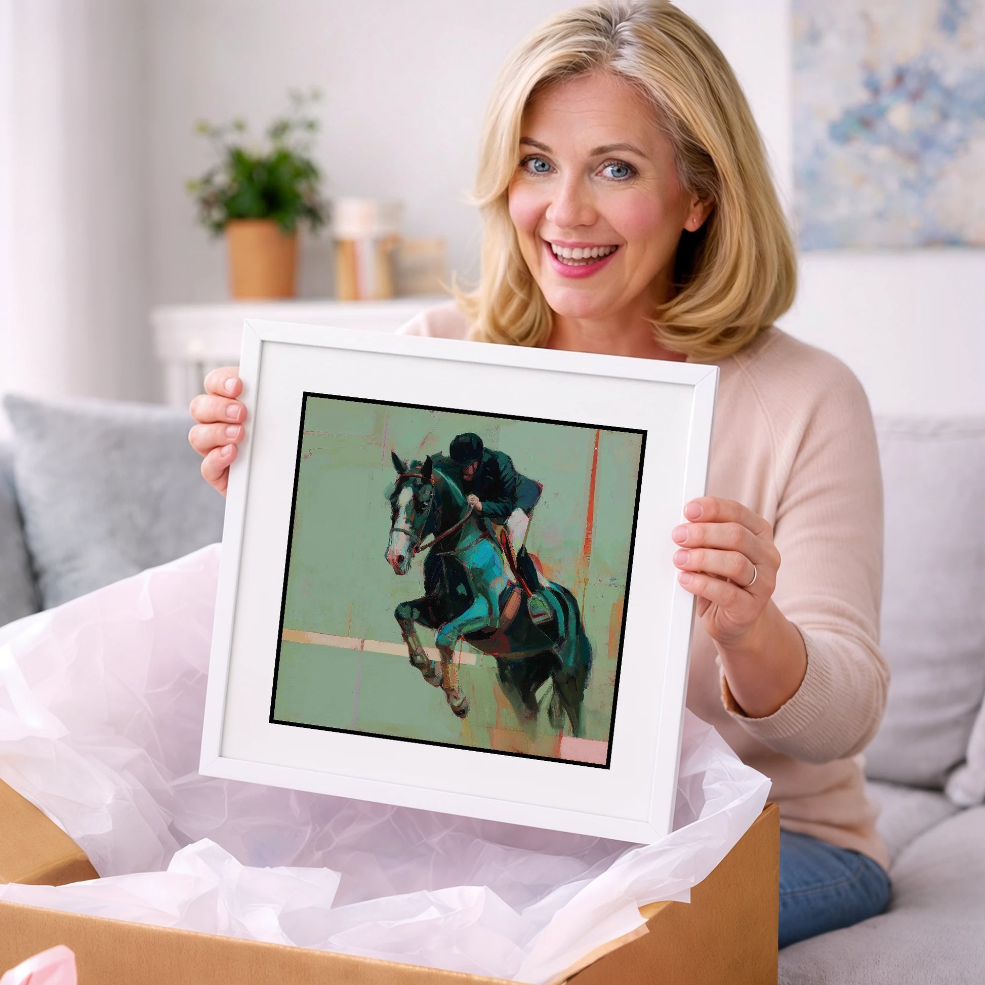 Airborne in Teal - show jumping horse art gift idea for horse lovers