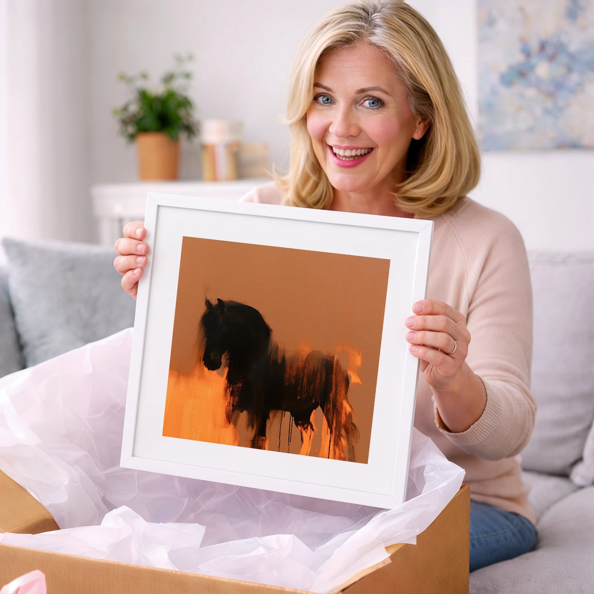 Black Friesian In Burnt Orange - horse breed art gift idea for horse lovers