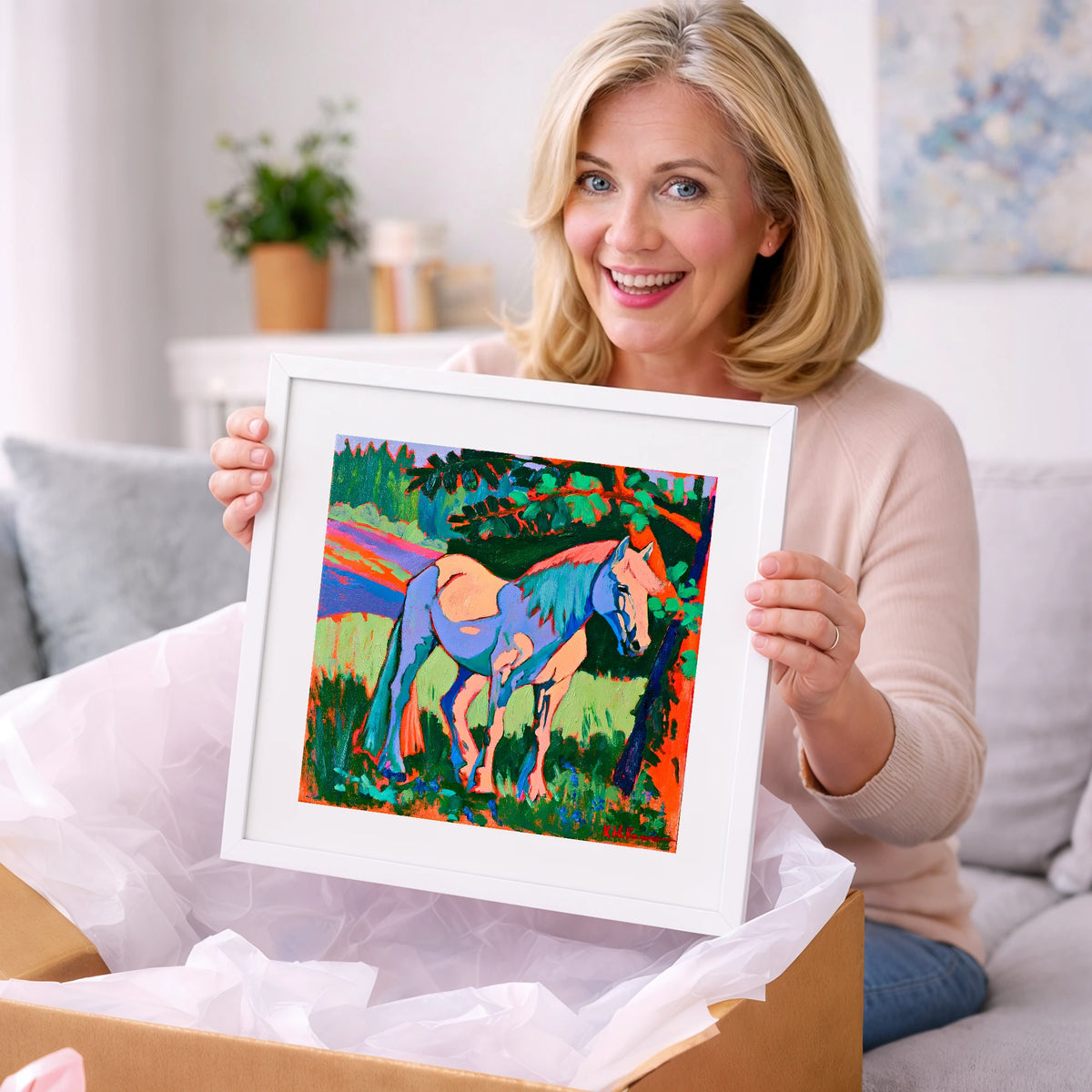Vibrant Blue Horse Under Tree - horse breed art gift idea for horse lovers