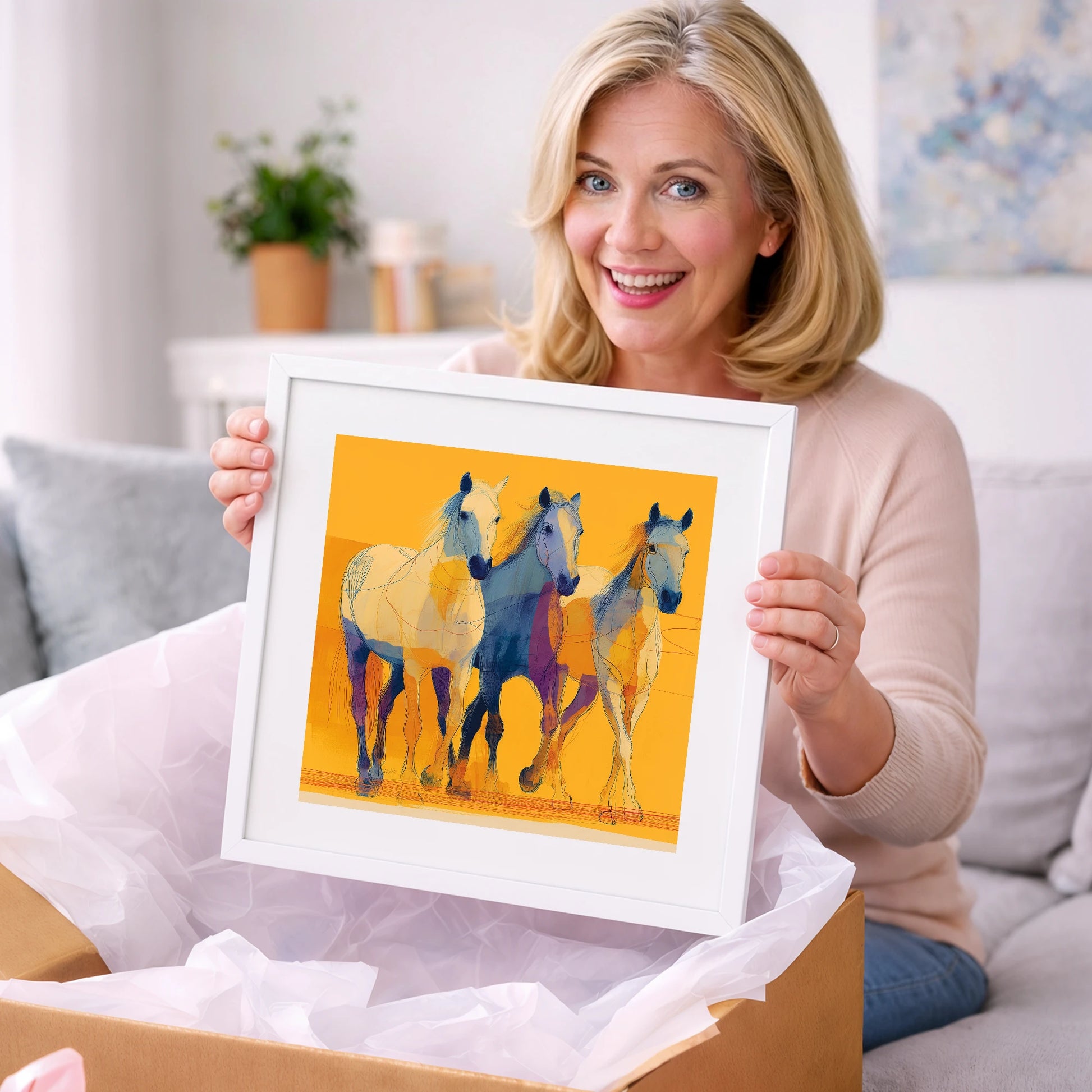 Vivid Strides in Gold - horse landscape art gift idea for horse lovers