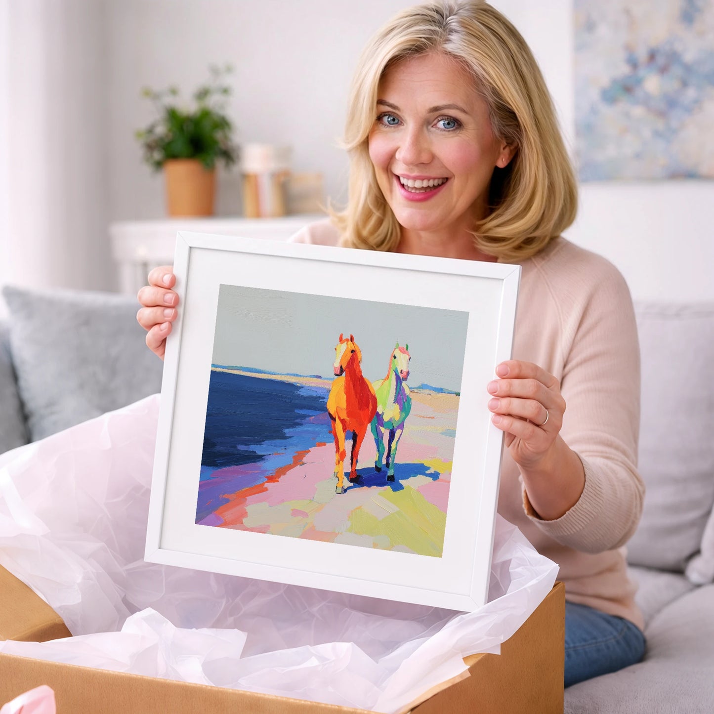 Vibrant Coastal Companions - horse landscape art gift idea for horse lovers