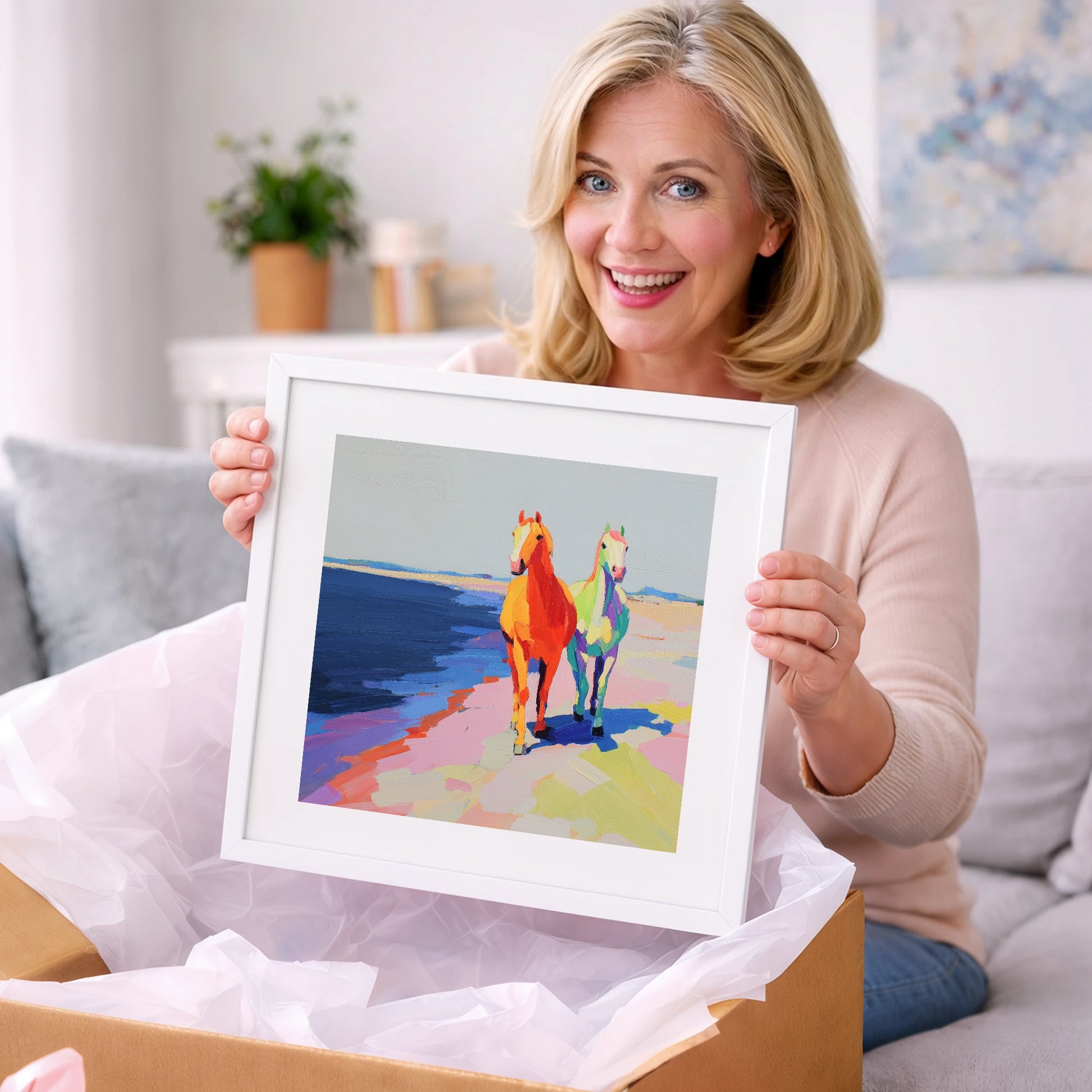 Vibrant Coastal Companions - horse landscape art gift idea for horse lovers