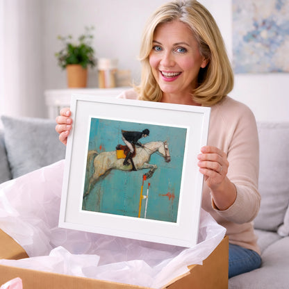 Airborne Over Teal - show jumping horse art gift idea for horse lovers
