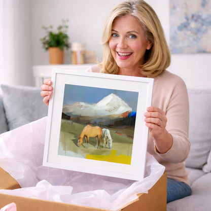 Grazing Beneath the Peaks - horse landscape art gift idea for horse lovers