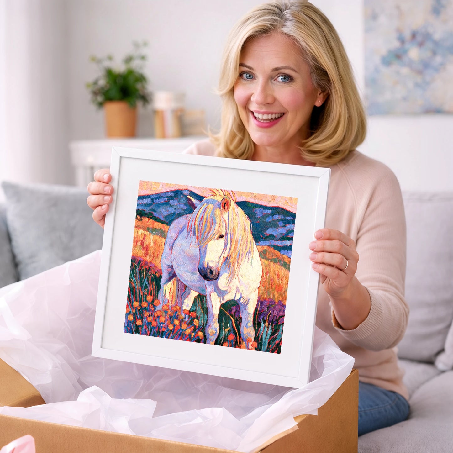 White Horse Among Orange Wildflowers - horse breed art gift idea for horse lovers