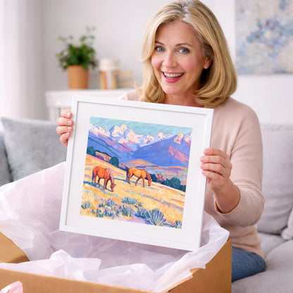 Grazing Beneath Violet Peaks - horse landscape art gift idea for horse lovers