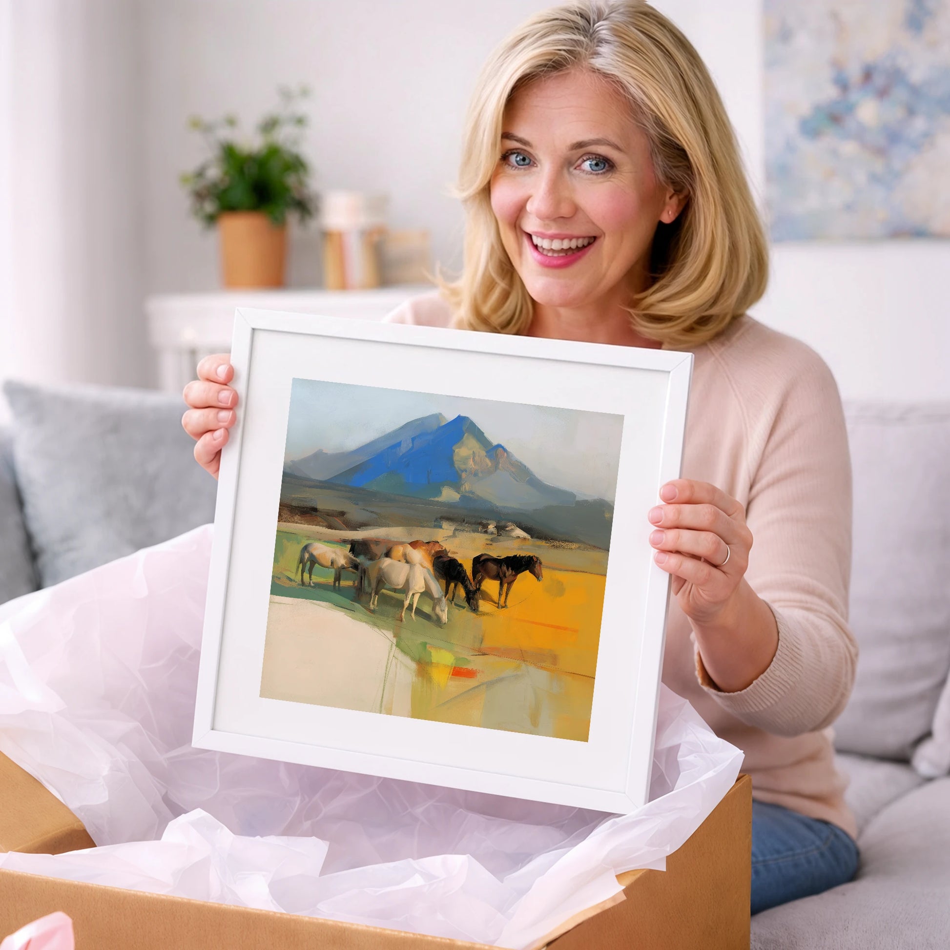 Grazing Beneath Cerulean Peaks - horse landscape art gift idea for horse lovers
