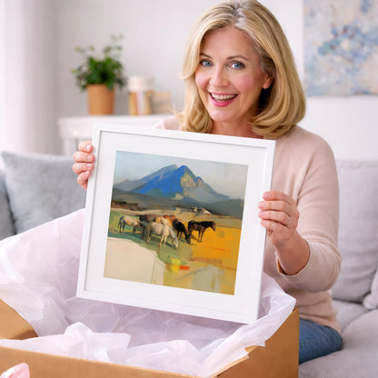 Grazing Beneath Cerulean Peaks - horse landscape art gift idea for horse lovers