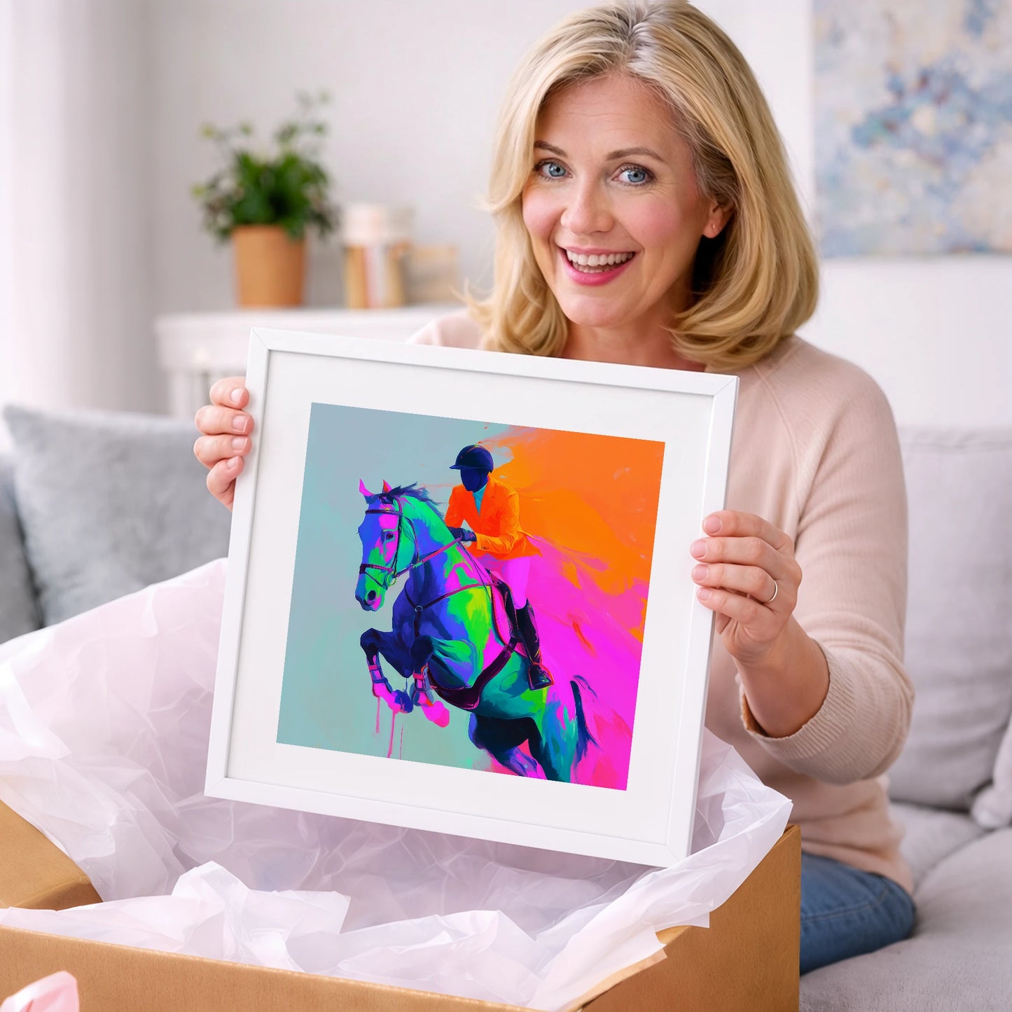 Technicolour Flight - show jumping horse art gift idea for horse lovers