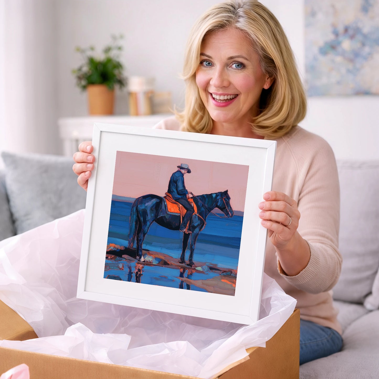 Indigo Shoreline Rider - beach horse art gift idea for horse lovers