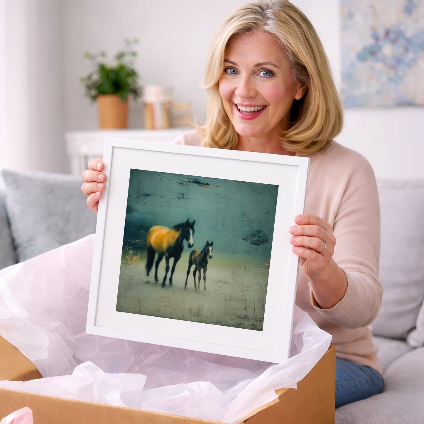 Ochre Light and Shadow - mare & foal art gift idea for horse lovers