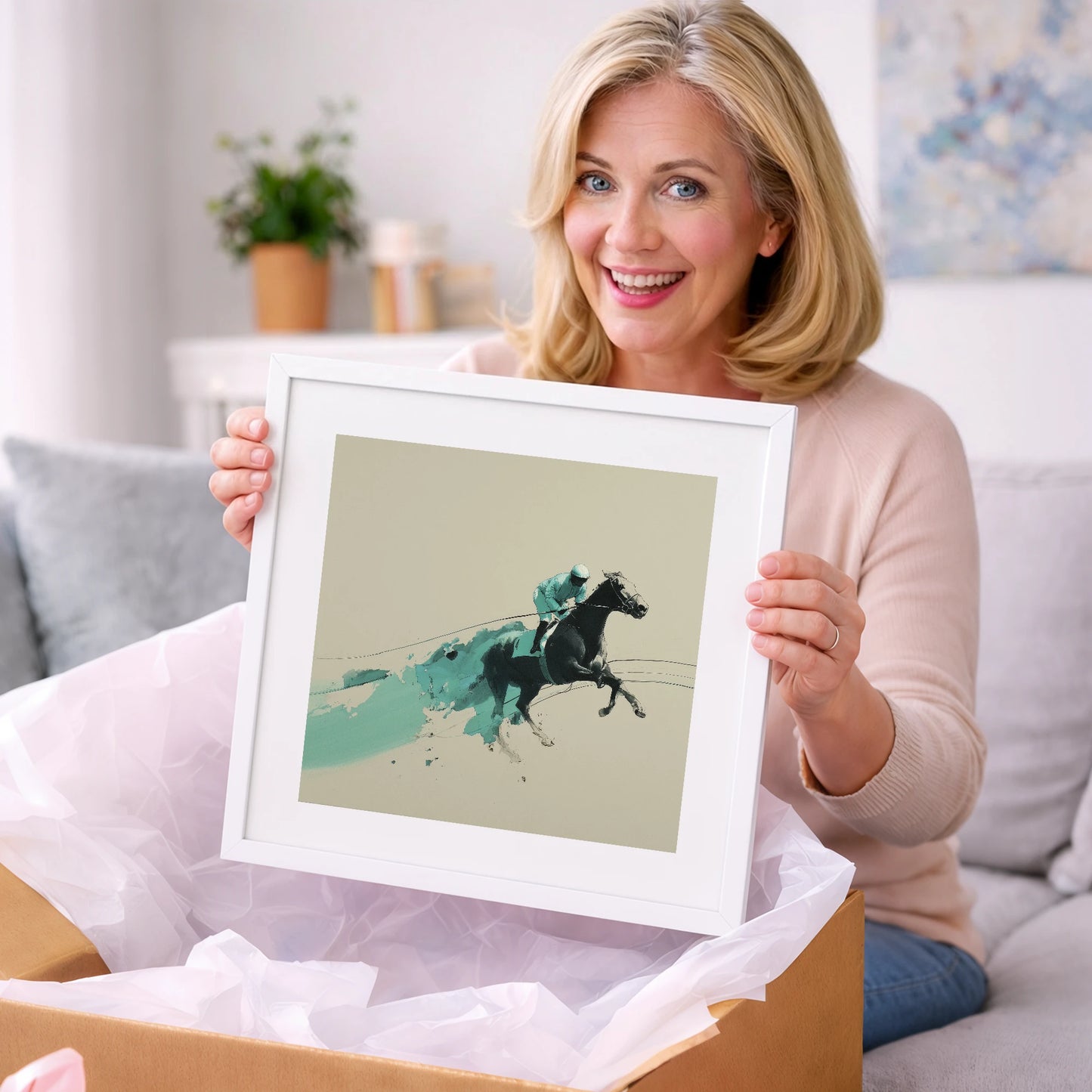 Velocity In Teal - racing horse art gift idea for horse lovers