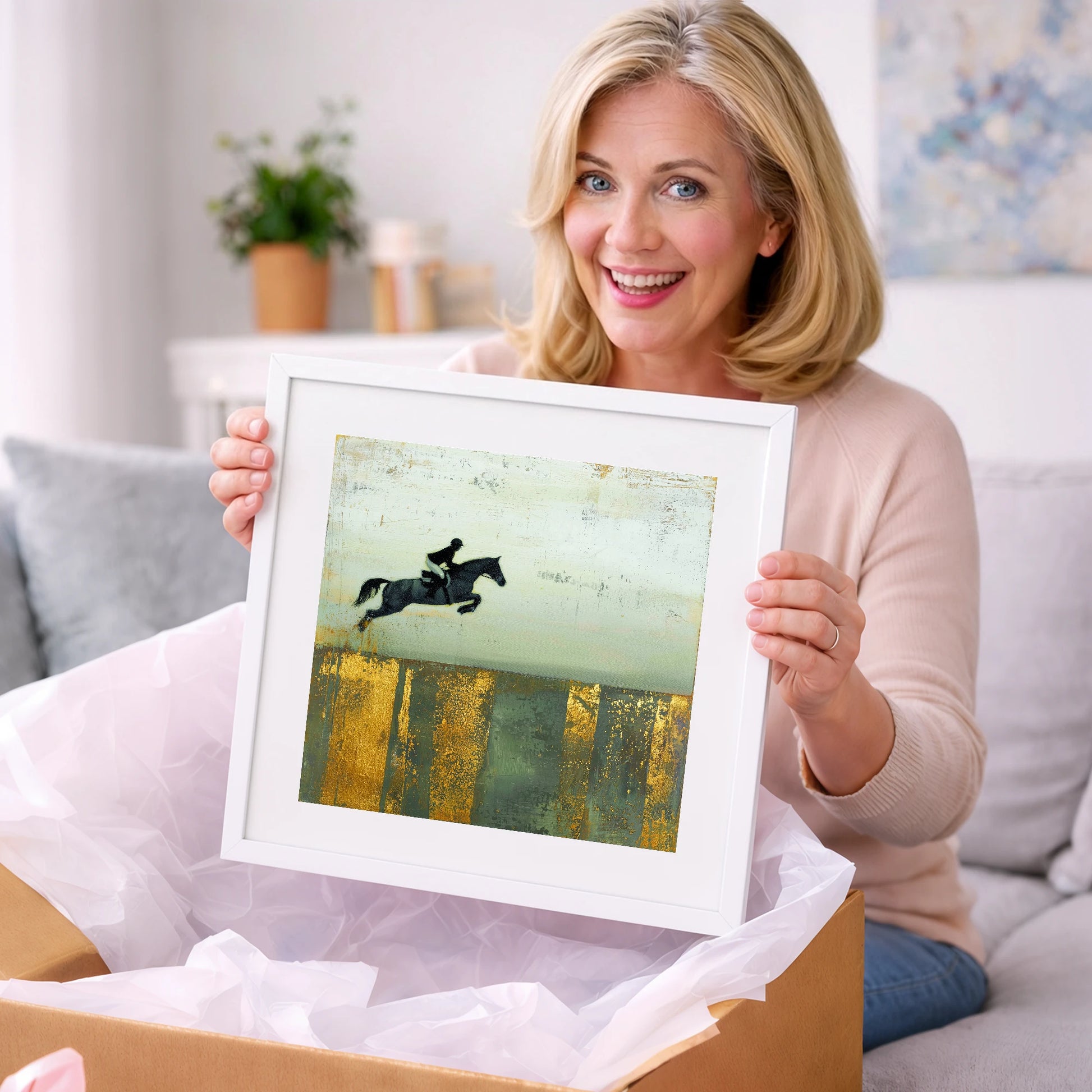 Flight Over Gold - show jumping horse art gift idea for horse lovers