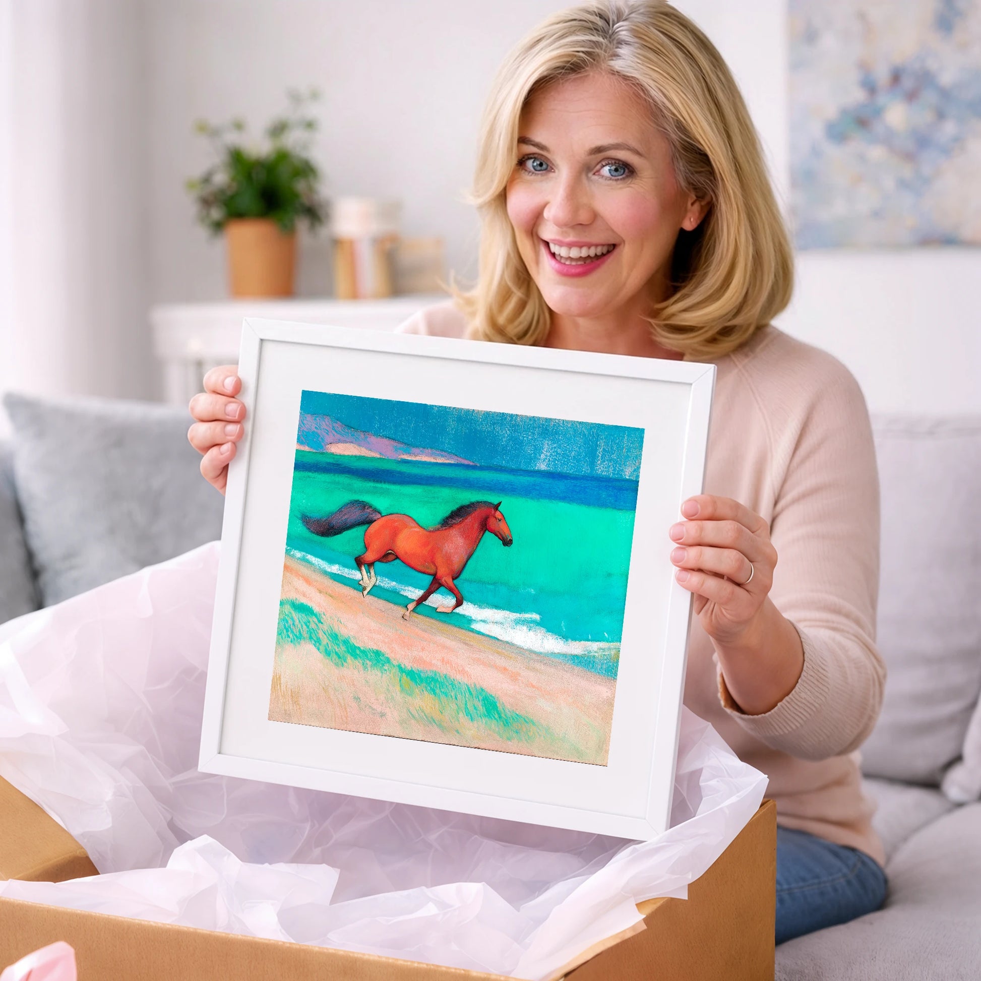 Crimson Coastal Canter - horse landscape art gift idea for horse lovers