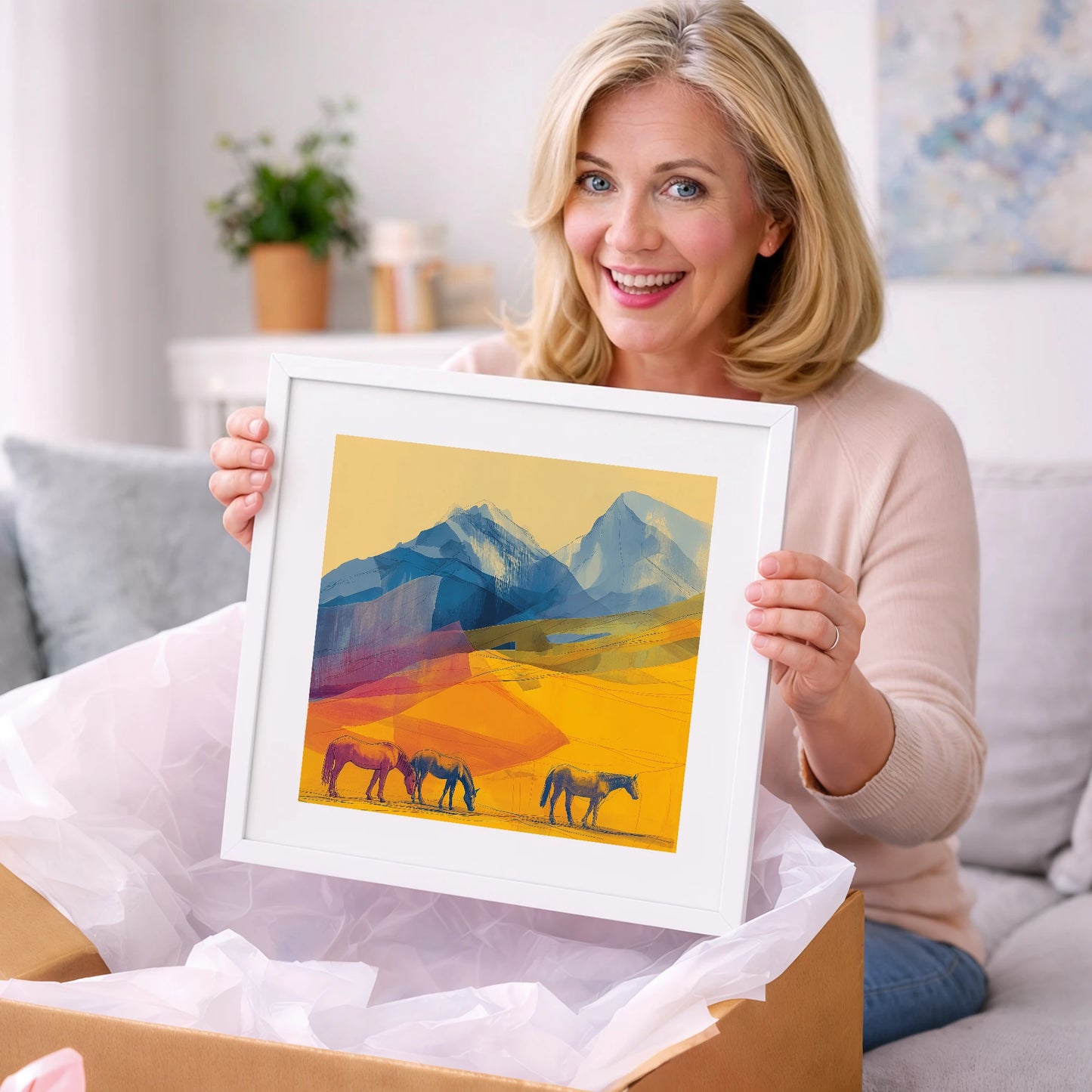 Golden Mountain Pasture - horse landscape art gift idea for horse lovers
