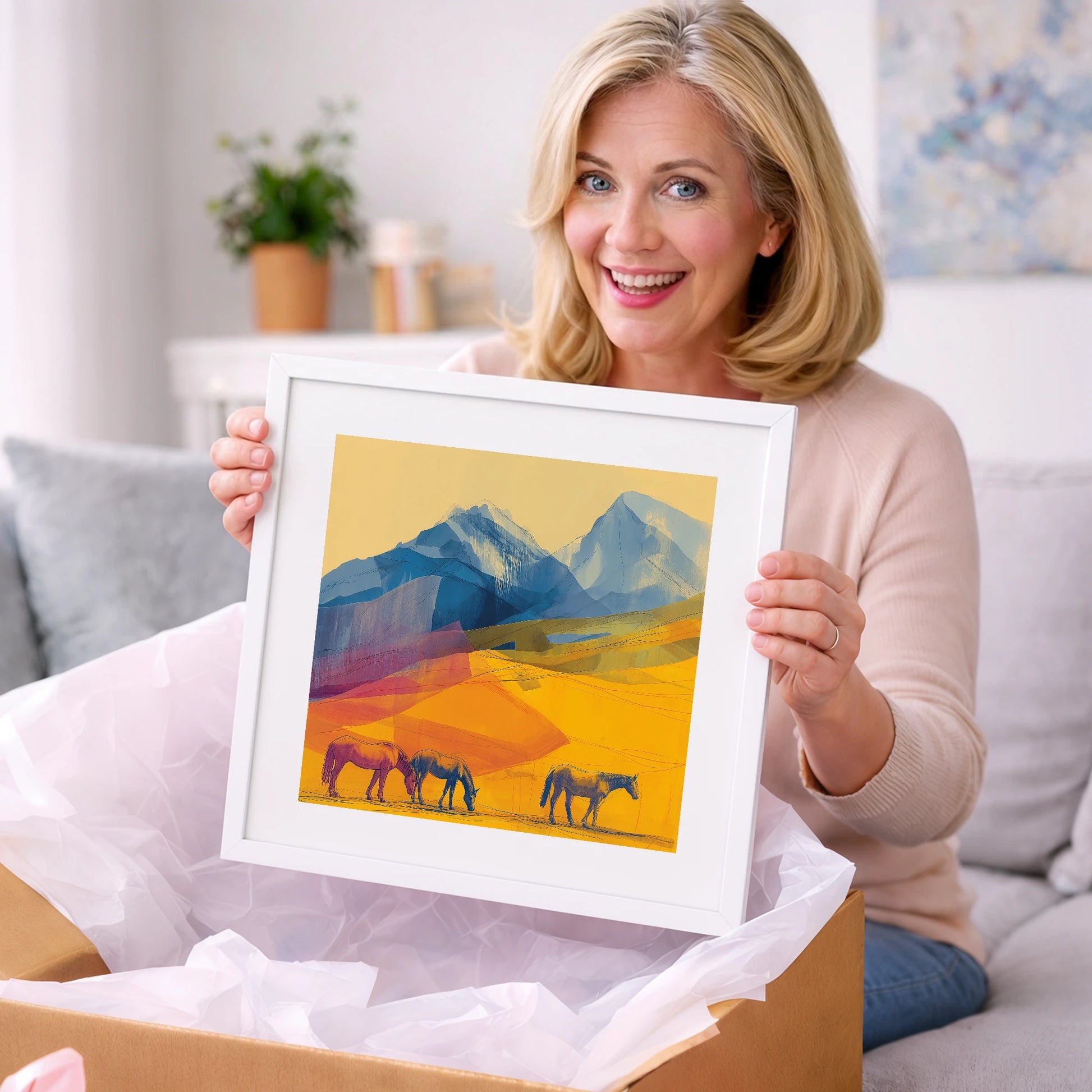 Golden Mountain Pasture - horse landscape art gift idea for horse lovers