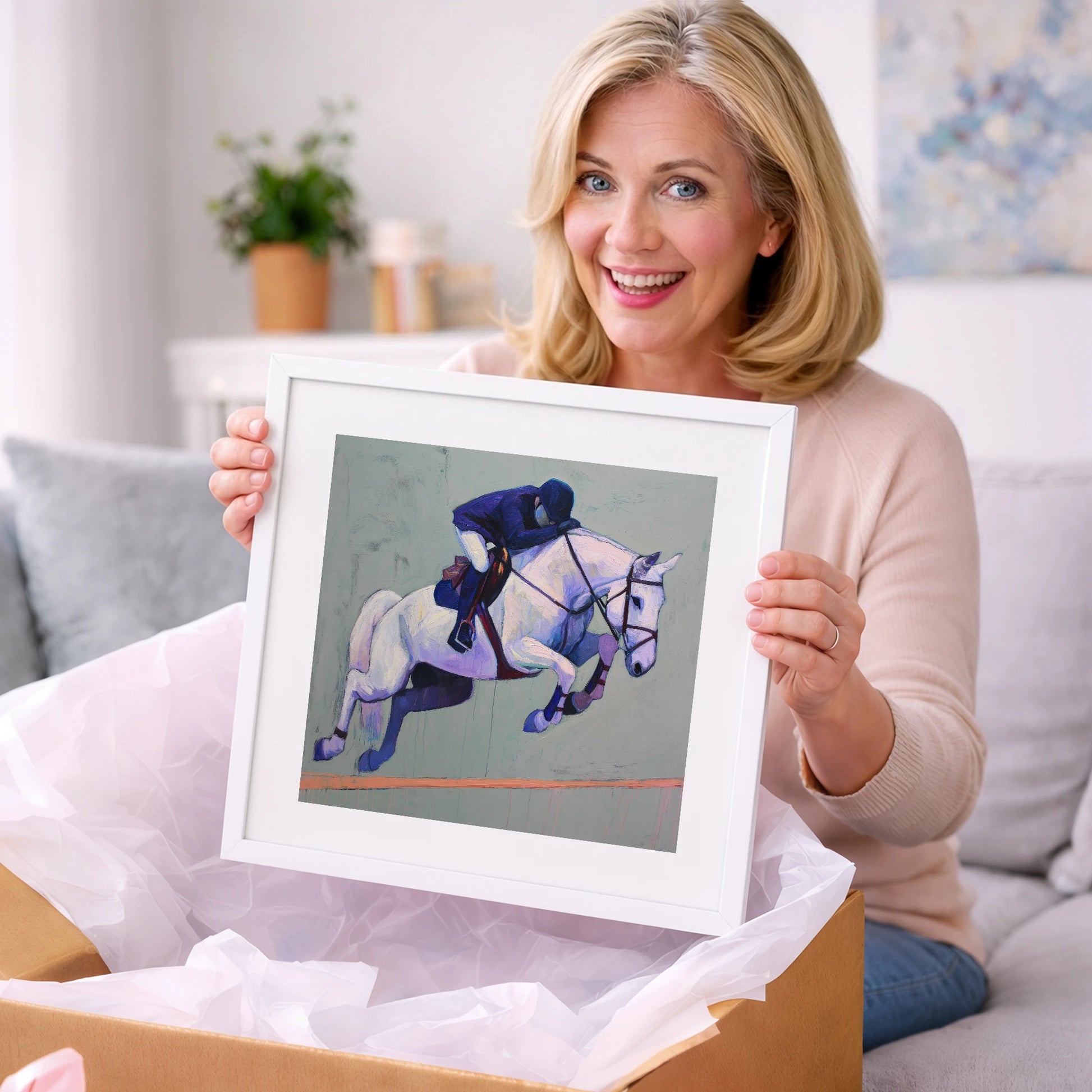 Suspended in Blue - show jumping horse art gift idea for horse lovers