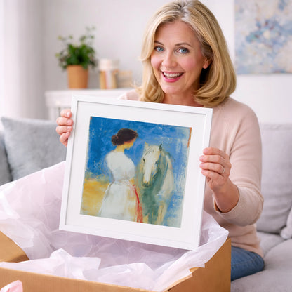 Whispers in Blue - horse & rider art gift idea for horse lovers