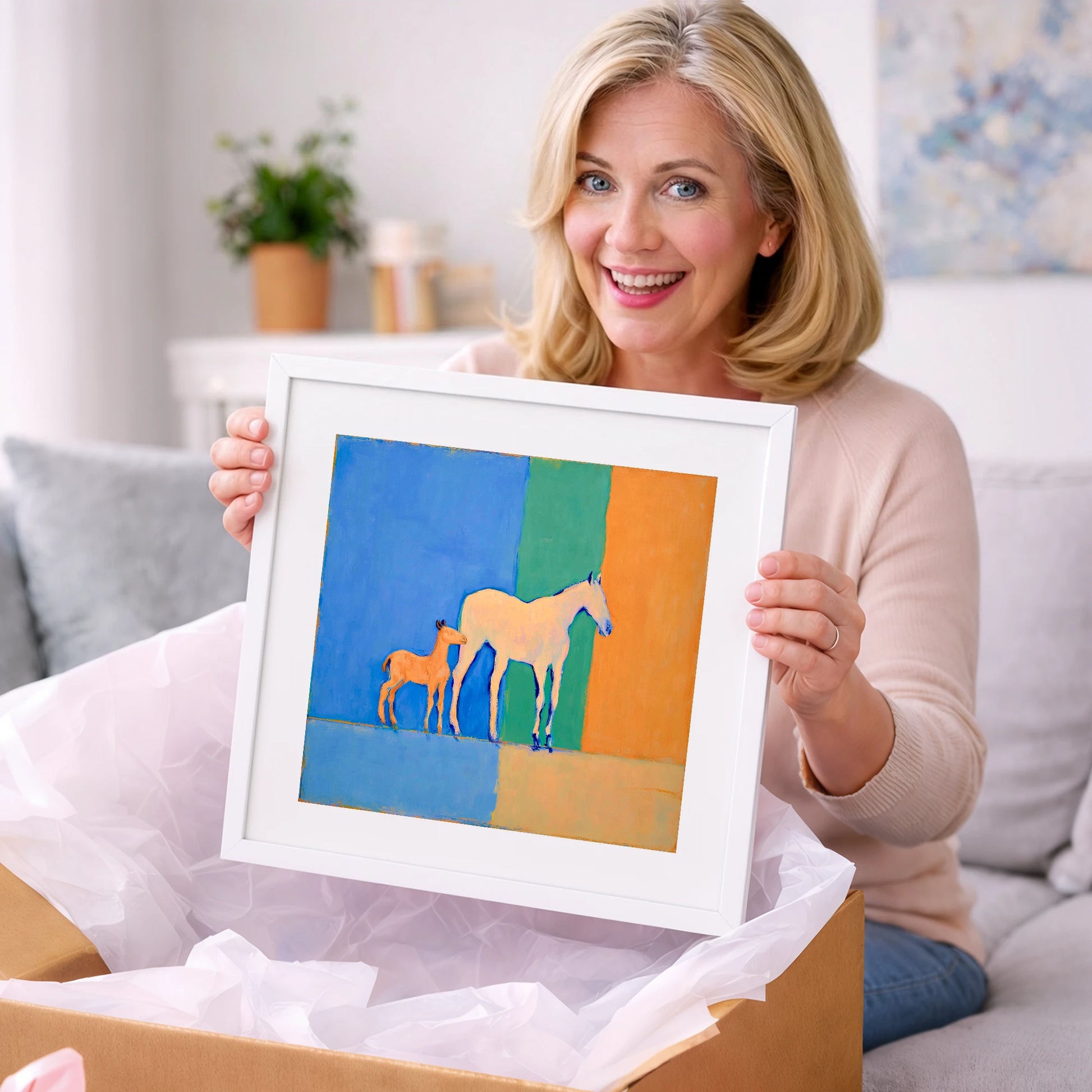Cobalt and Terracotta Bond - mare & foal art gift idea for horse lovers