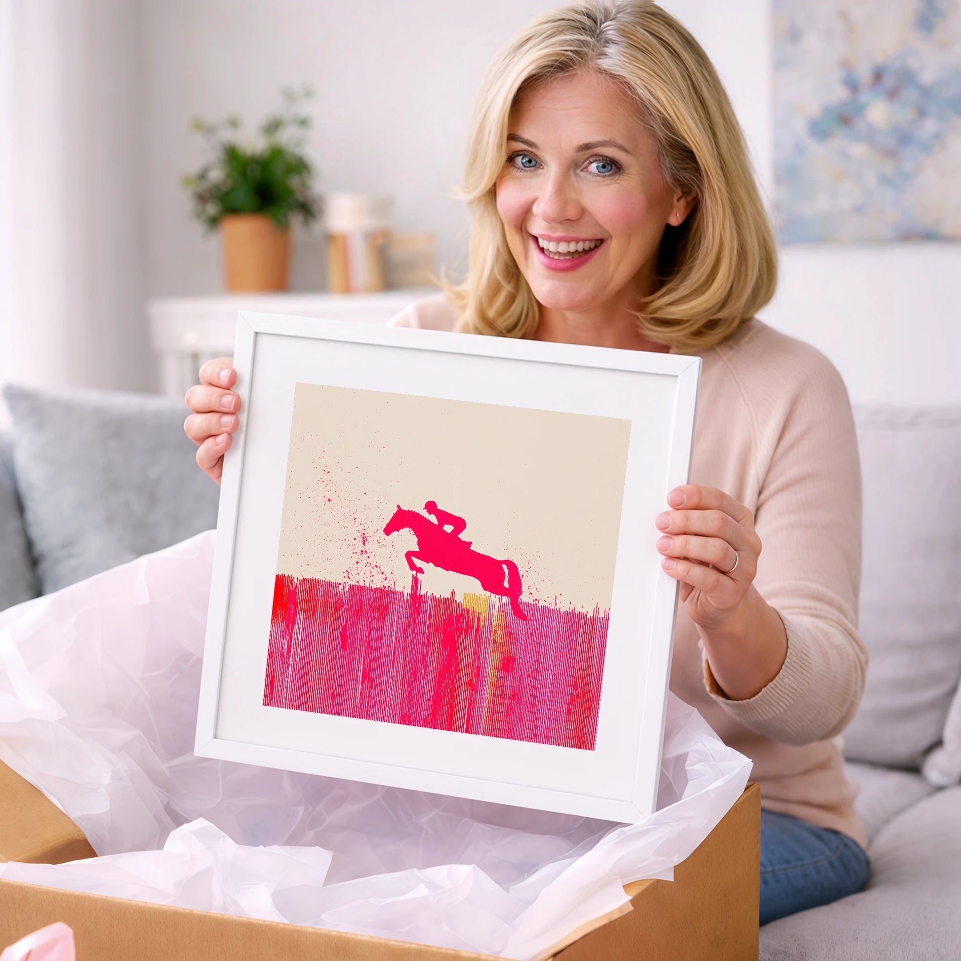 Vibrant Magenta Leap - show jumping horse art gift idea for horse lovers