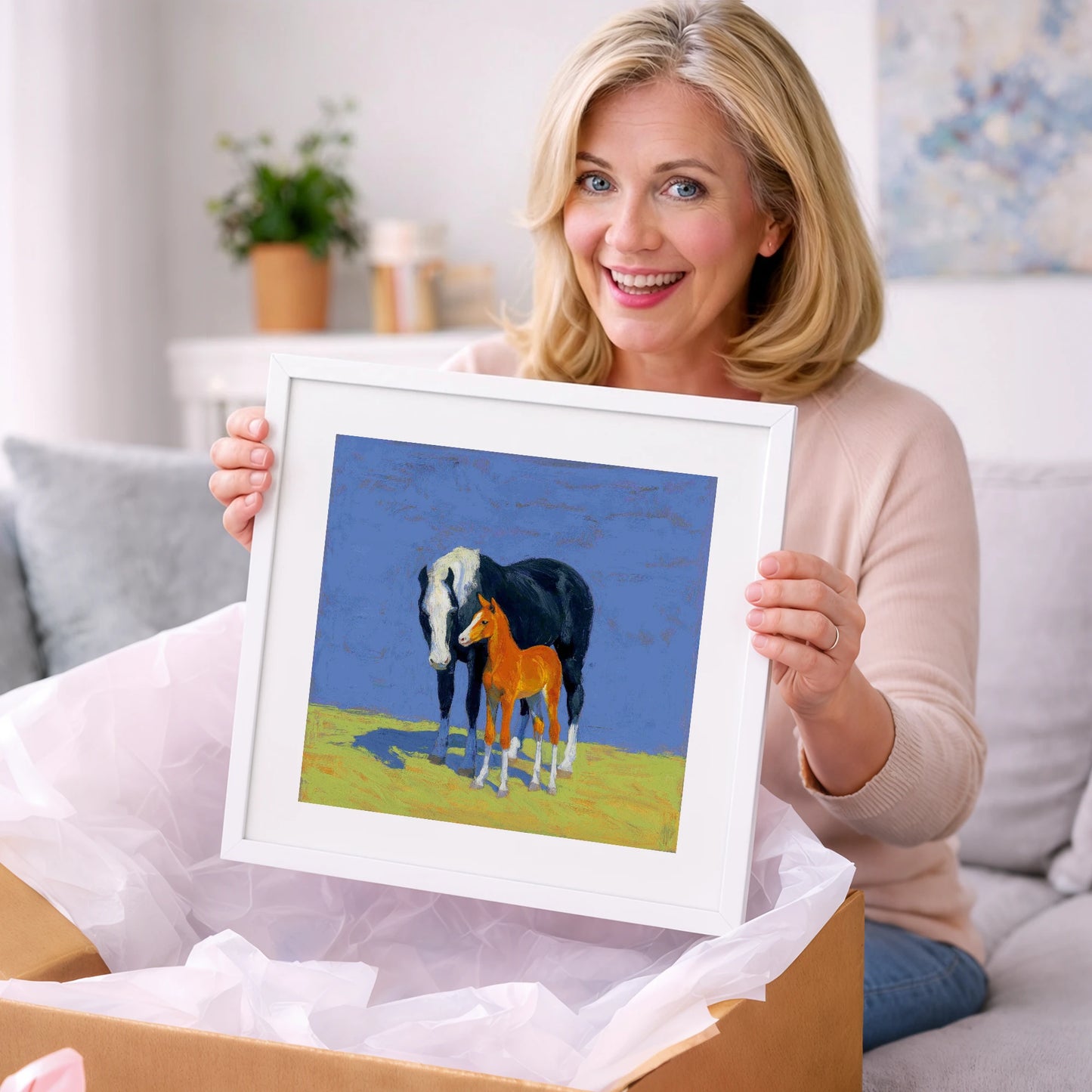 Vibrant Pasture Bond - mare & foal art gift idea for horse lovers