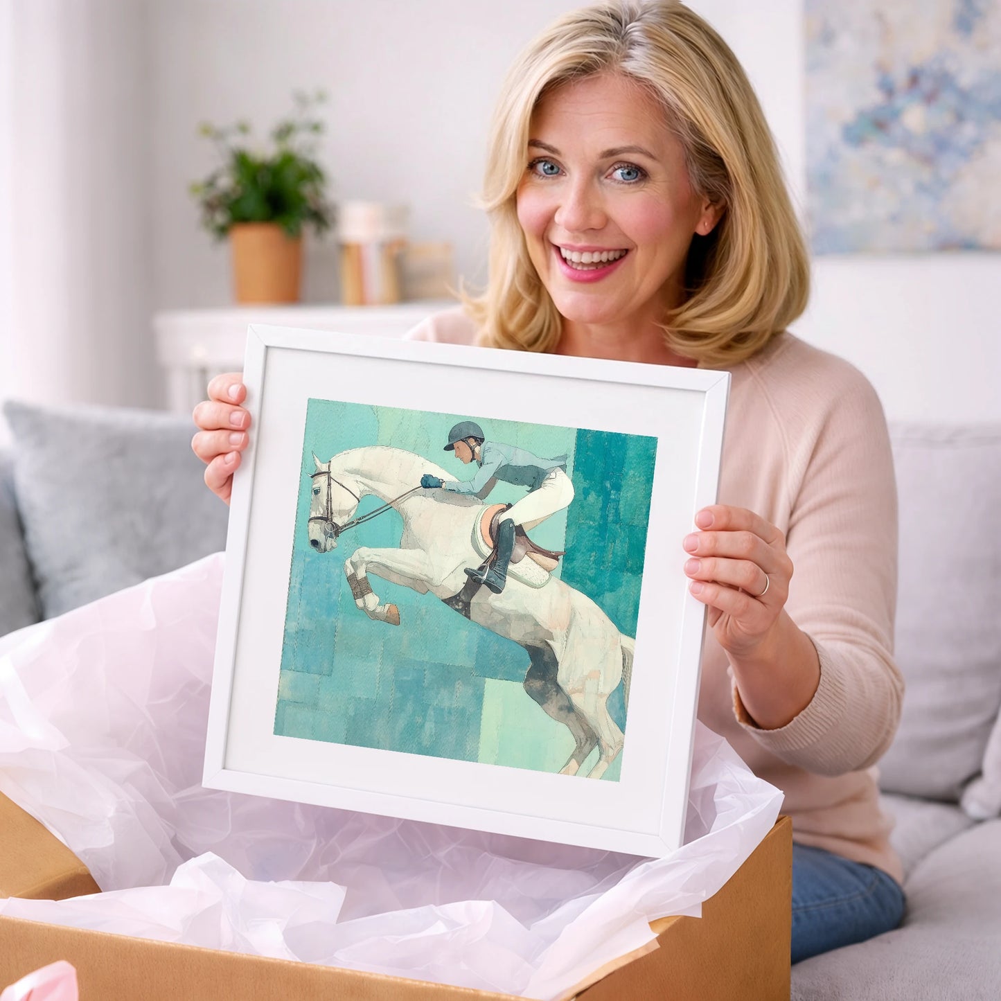 Airborne in Aquamarine - show jumping horse art gift idea for horse lovers