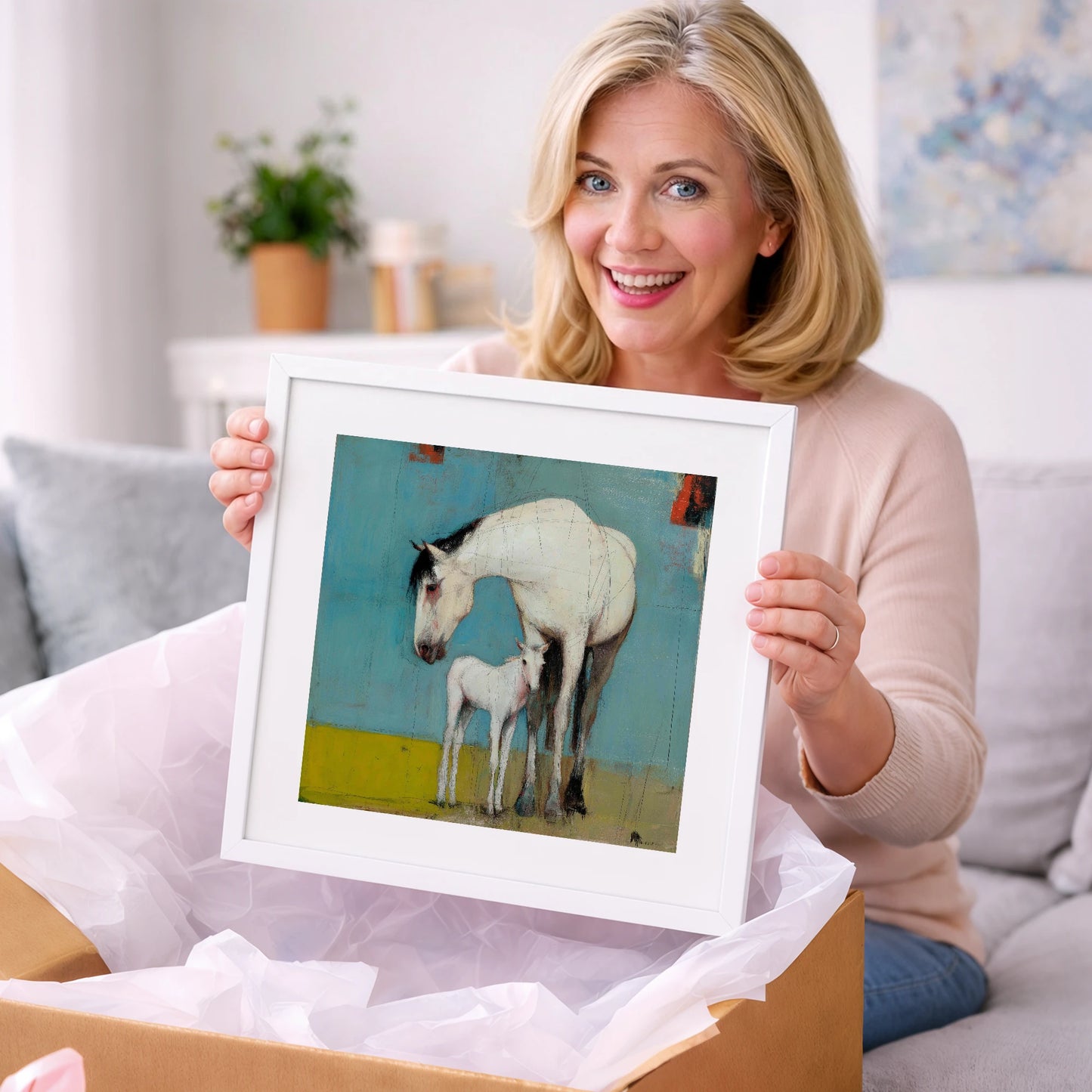 Quiet Bond in Teal - mare & foal art gift idea for horse lovers
