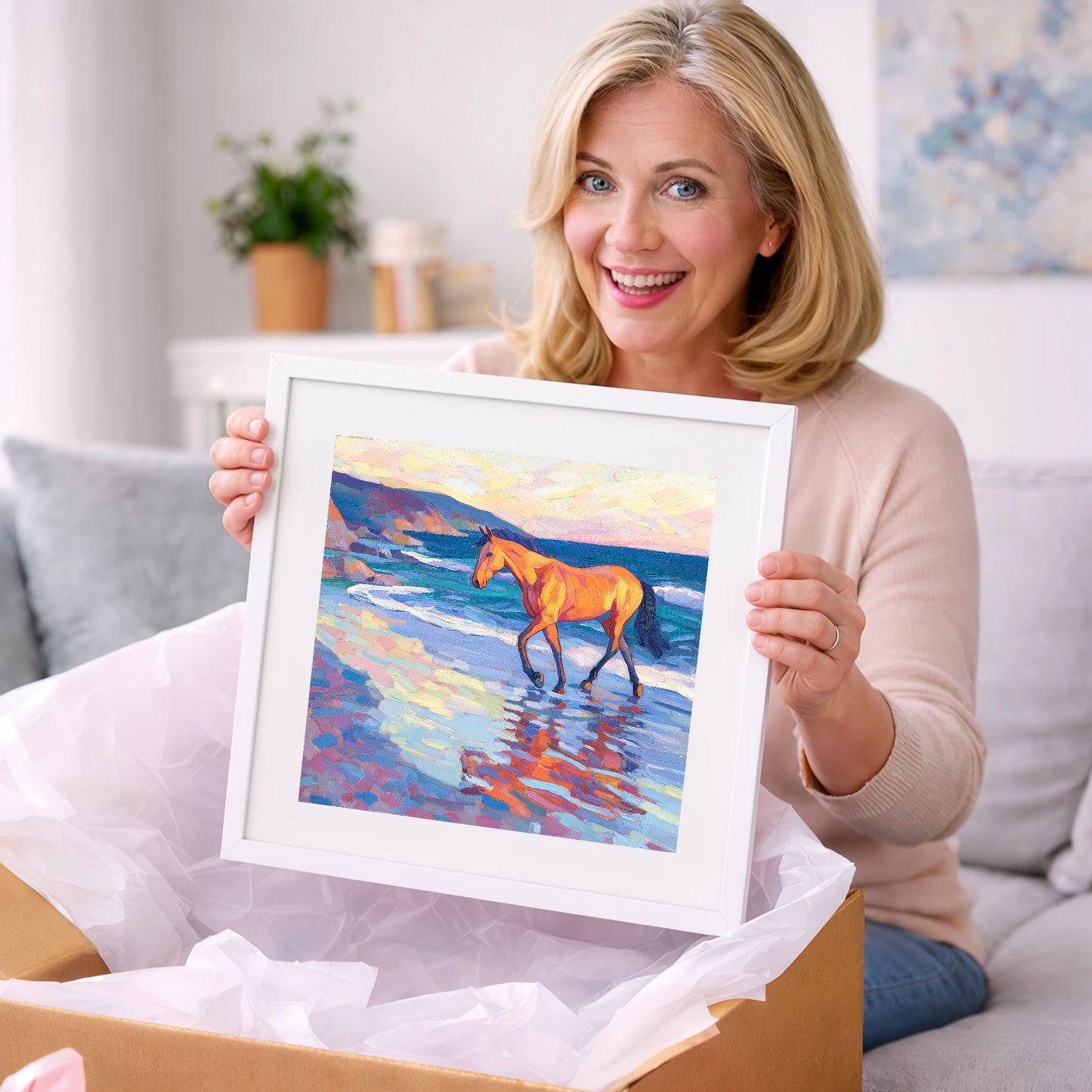 Vibrant Coastal Stride - horse landscape art gift idea for horse lovers
